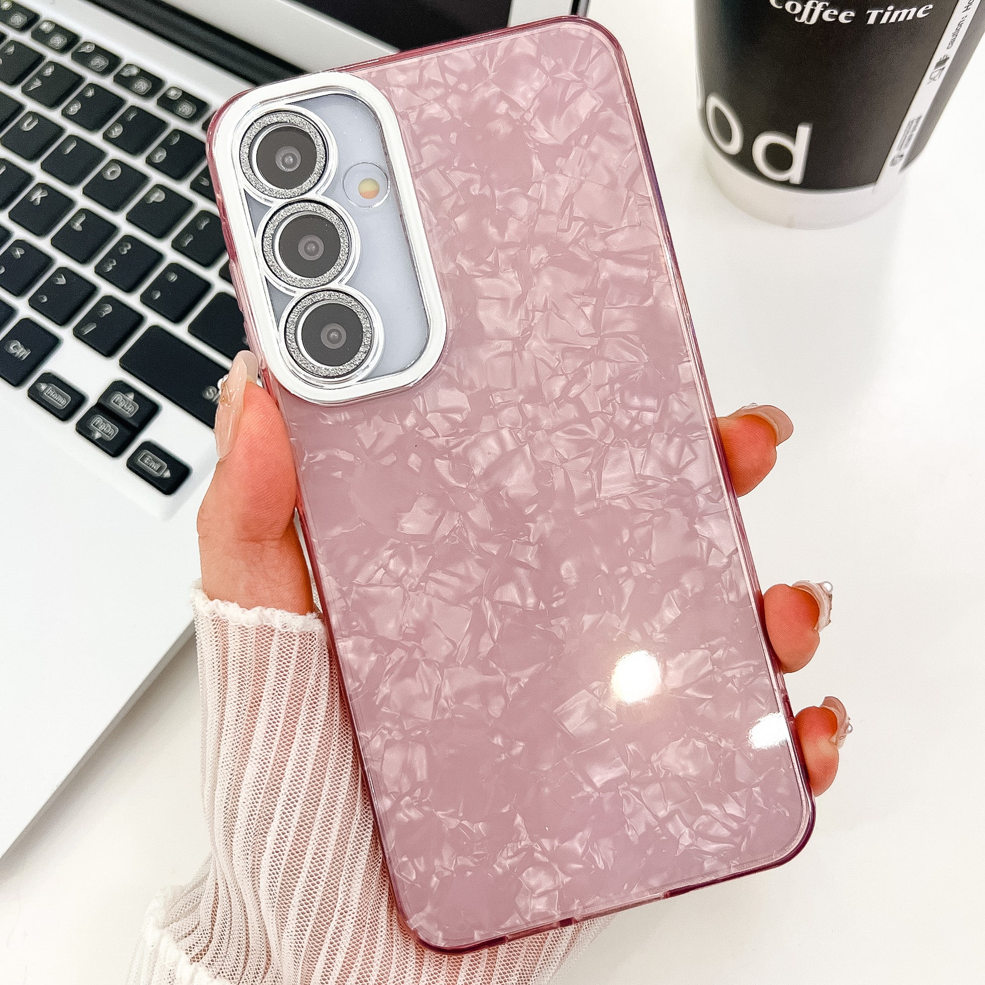 For Samsung Galaxy A16 4G / 5G Case IMD Design Shockproof PC+TPU Phone Cover with Glass Lens Film - Shell Pattern / Pink For Samsung Galaxy A16 4G / 5G Case IMD Design Shockproof PC+TPU Phone Cover with Glass Lens Film - Shell Pattern / Pink